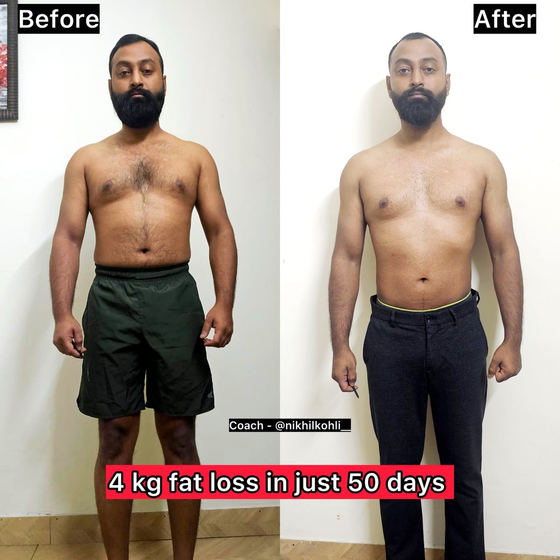 Abhijit's transformation — 68kg to 63.7kg, body fat 24.2% to 16.8% in six weeks
