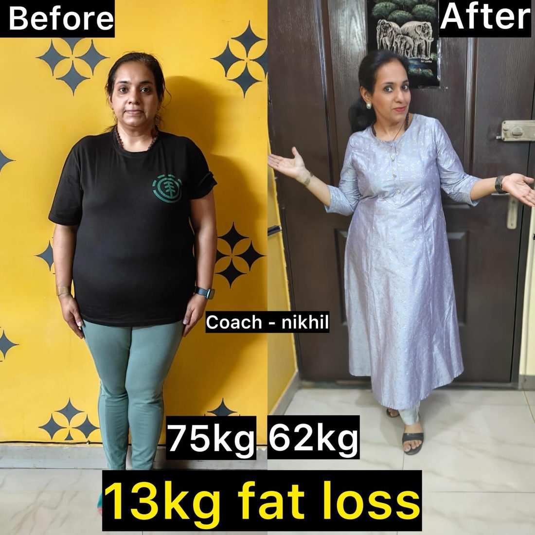 Gauri's transformation — 75kg to 62kg, 13kg fat loss